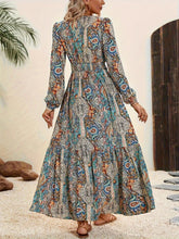 Printed Tie Neck Long Sleeve Maxi Dress OutfitFlow